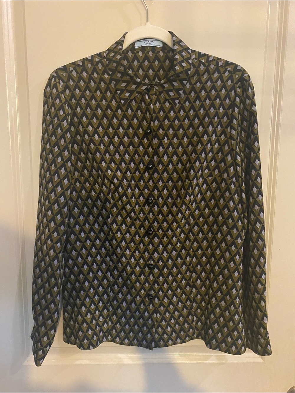 Prada Geometric Print Silk Button-Up Blouse - purple Olive & Black
